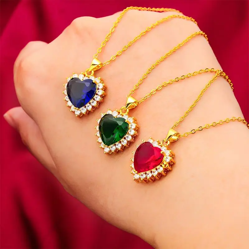 Placer Gold Jewelry Brass Gold-Plated Accessories Micro-Inlaid Heart-Shaped Gemstone For Women Fashion Pendant Wholesale