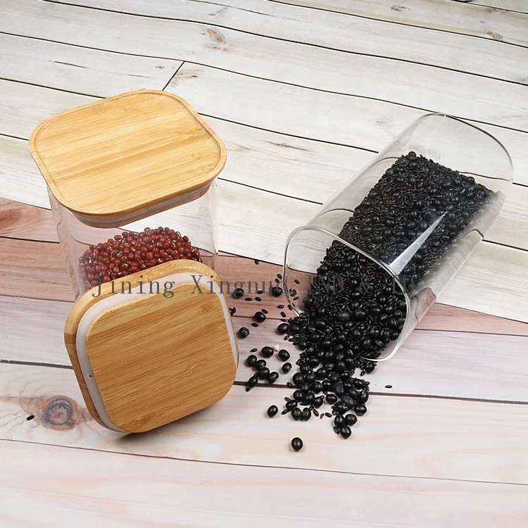 High Quality Square Shape Big Size Glass Jar/Borosilicate Glass Food Container With Bamboo Lid