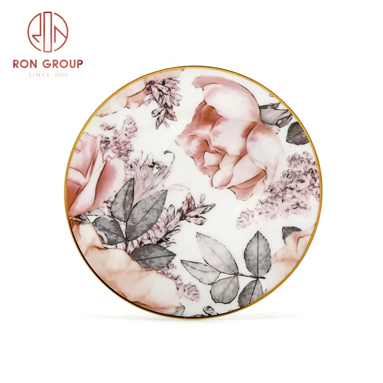 wholesale customized hand painted bone china luxury dish set plate pink floral steak cake dessert tableware dinner plates