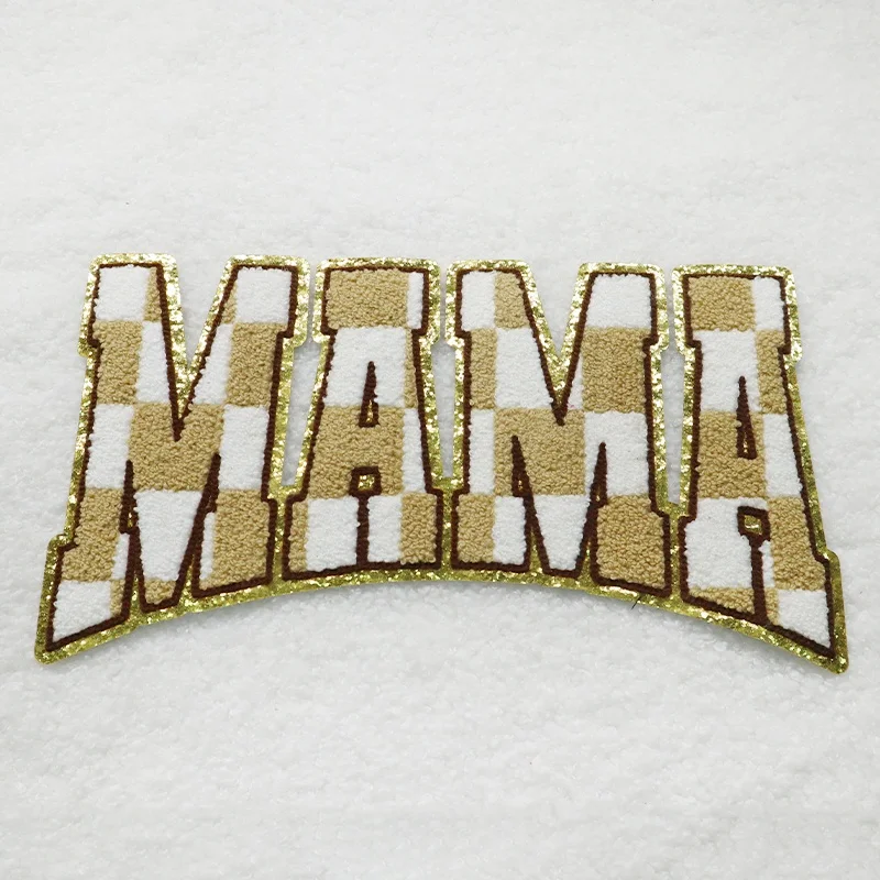 Custom Embroidery Checkered Retro Mama Logo Patch Holiday Mother Day Funny Iron On Chenille Patches For Clothing