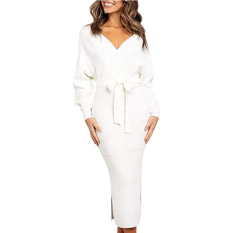 2022 Factory wholesale elegant v neck long sleeved backless rib women sweater dress wrap knit dress