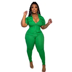4x plus size jumpsuits with packet women playsuits with zipper Solid color short sleeve bodysuit
