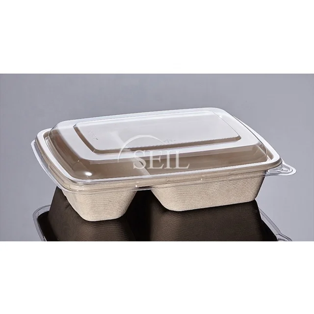 SL-6x9, Sugarcane Bagasse Container with Lid / 2 Compartment Food Packaging / Biodegradable Pulp Food Takeaway Lunch Container