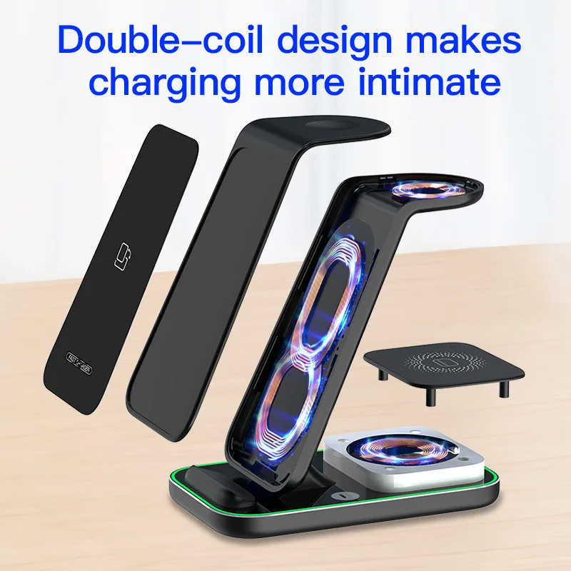 Hot Selling Customized 3 in 1 Wireless Charger For Mobile Phone 18W Double Magnetic Fast Charging Station With LED Light