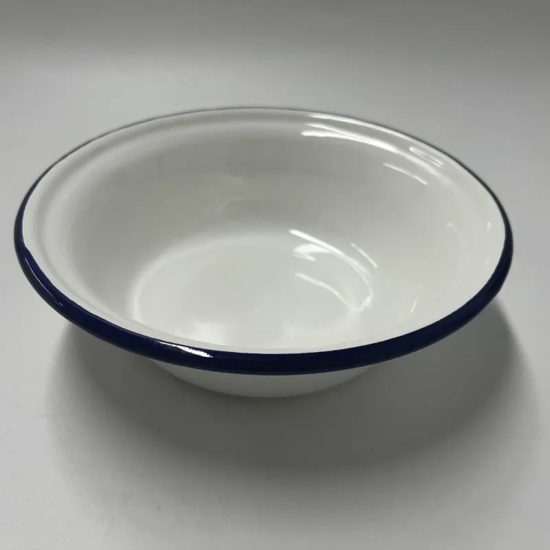 Small size 16cm 18cm thick high quality white color black rim custom logo printed kitchen Vintage soup enamel basin deep plate