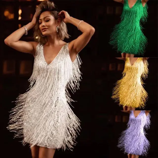 Sleeveless Sexy Sequins Flapper Tassel Dress 1920s Gatsby Cocktail Dance Evening Dresses Mini Bodycon Club Dress for Women 2023