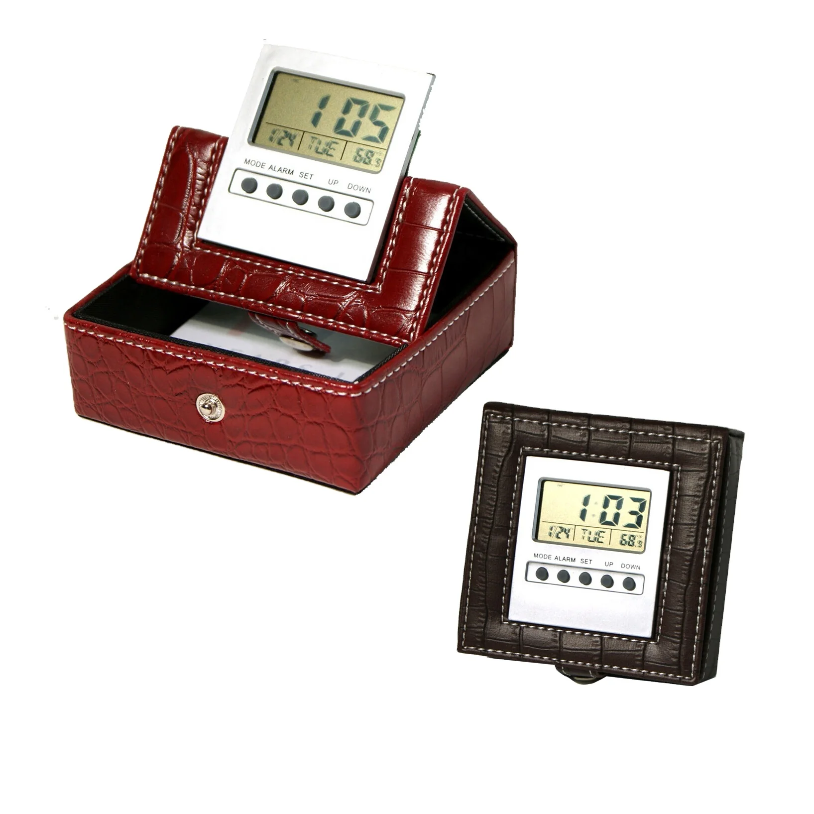 LG3015B  PU leather making draw digital screen clock for gift handmade Foldable table stand alarm clock