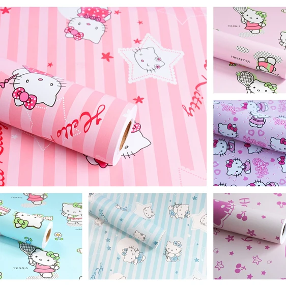 
NEW lovely pink and blue flower cartoon design modern style kids room bedroom decoration pvc self adhesive hello kitty wallpaper 