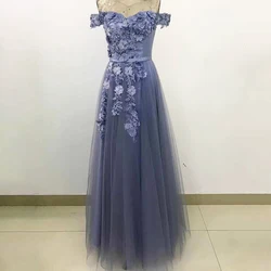 Graceful one shoulder tulle appliques purple elegant embroidery evening dresses for party