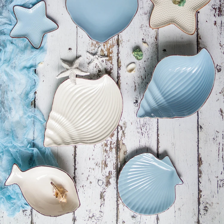 Creative Irregular Serving Snack Dish Shell Conch Shape Ceramic Soy Saucer Plate With Gold Rim