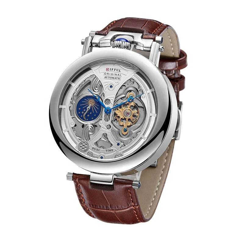 3D бас-рельеф циферблат Скелетон мужские часы фаза Луны Tourbillon кожаный Смарт-часы наручные Часы