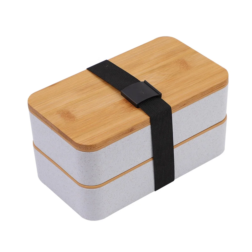 Japanese Style Salad Sushi Bento Box 2 layers Compartments Bamboo Lid Lunch Box with Cutlery and Divider