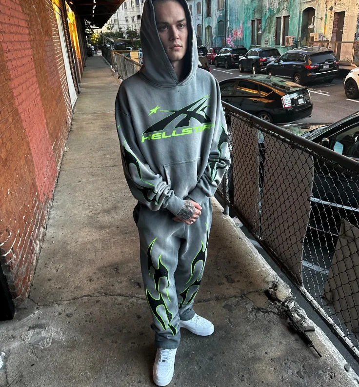 Wholesale 100% Cotton Vintage Hoodie And Sweatpants Jogger Two Piece Set Screen Printing Sweat Suit Acid Wash Men Tracksuit