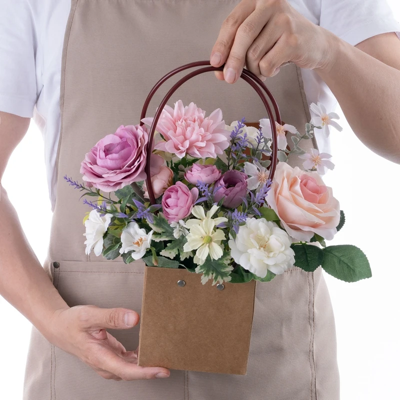 CF01465 Hot Selling Artificial Fabric Rose Silk Dahlia Ranuculus Flowers Plastic Lavender Paper Basket For Present Decoration