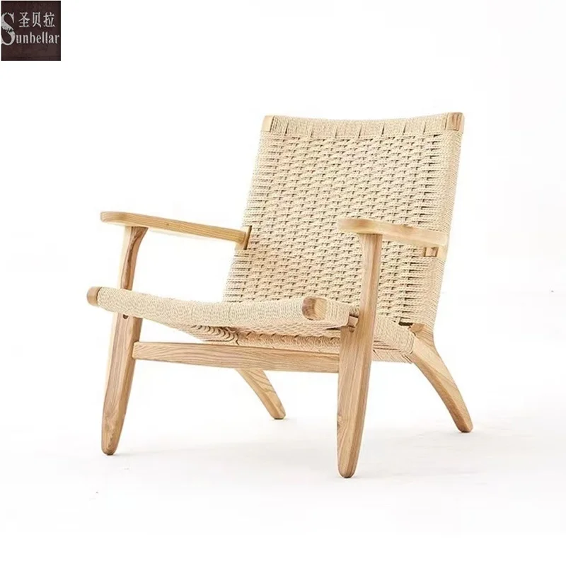 Nordic style white rope cane log lounge chair solid wood rattan wicker furniture balcony living room leisure chair