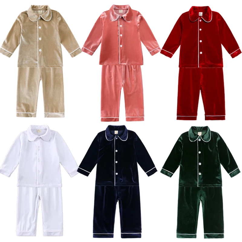Winter velvet two piece set boys girls pajamas wholesale button up pink champagne navy green white blue kids pajama sets