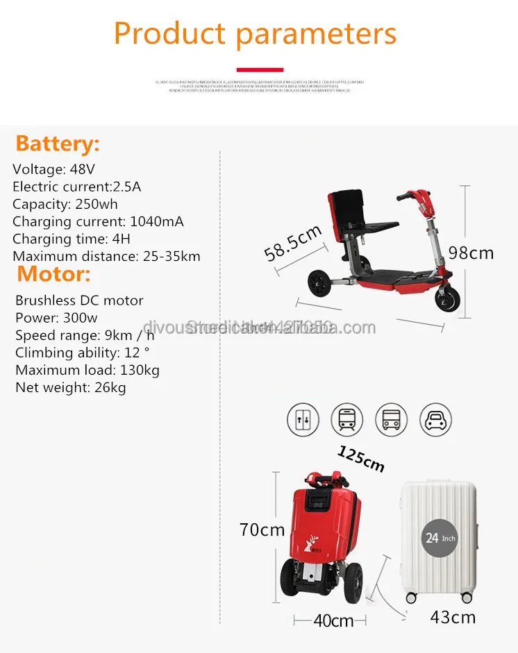 Luggage mini adult foldable elderly  electric tricycle disabled mobility scooter can be airplane