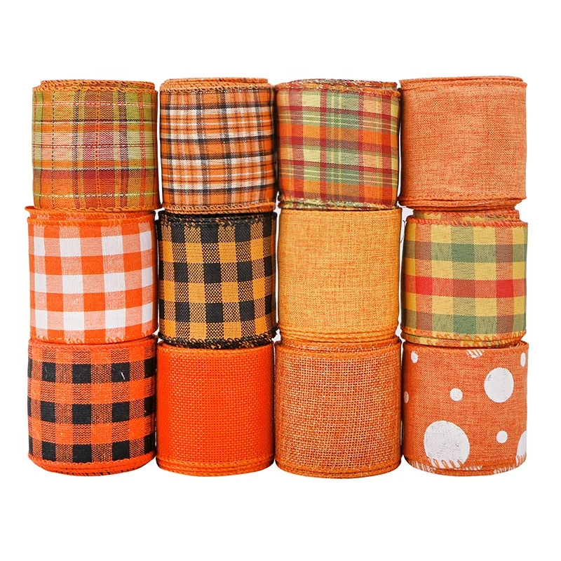 2.5 Inches Orange Fall Plaid Ribbon Thanksgiving Wired Edge Wrapping Craft Ribbon Multi-Color Plaid Ribbon for DIY Craft