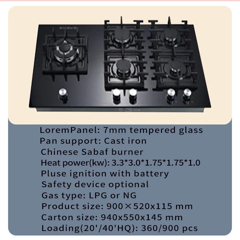 Manufacturer New Design Custom Cheap Good Price Glass Gas Stove Tempered glass Gas Burner Cheap Price Built in Gas Hob 5 Burner