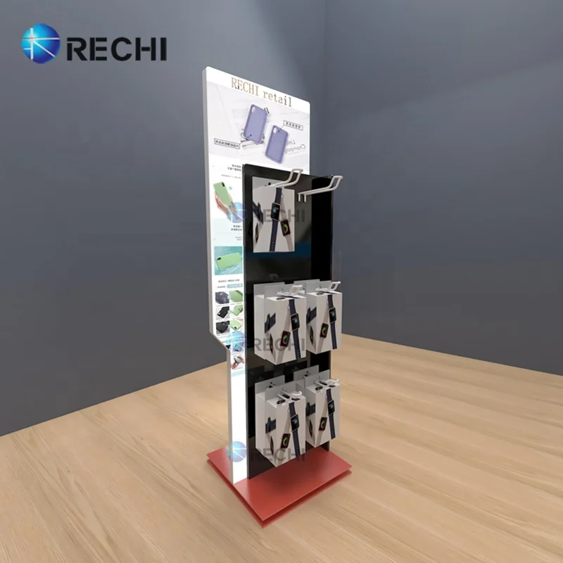 RECHI Rotating Counter Acrylic Cell Phone Accessory Retail Display Stand Rack With Hooks For Phone Case Charger Cable Shelf
