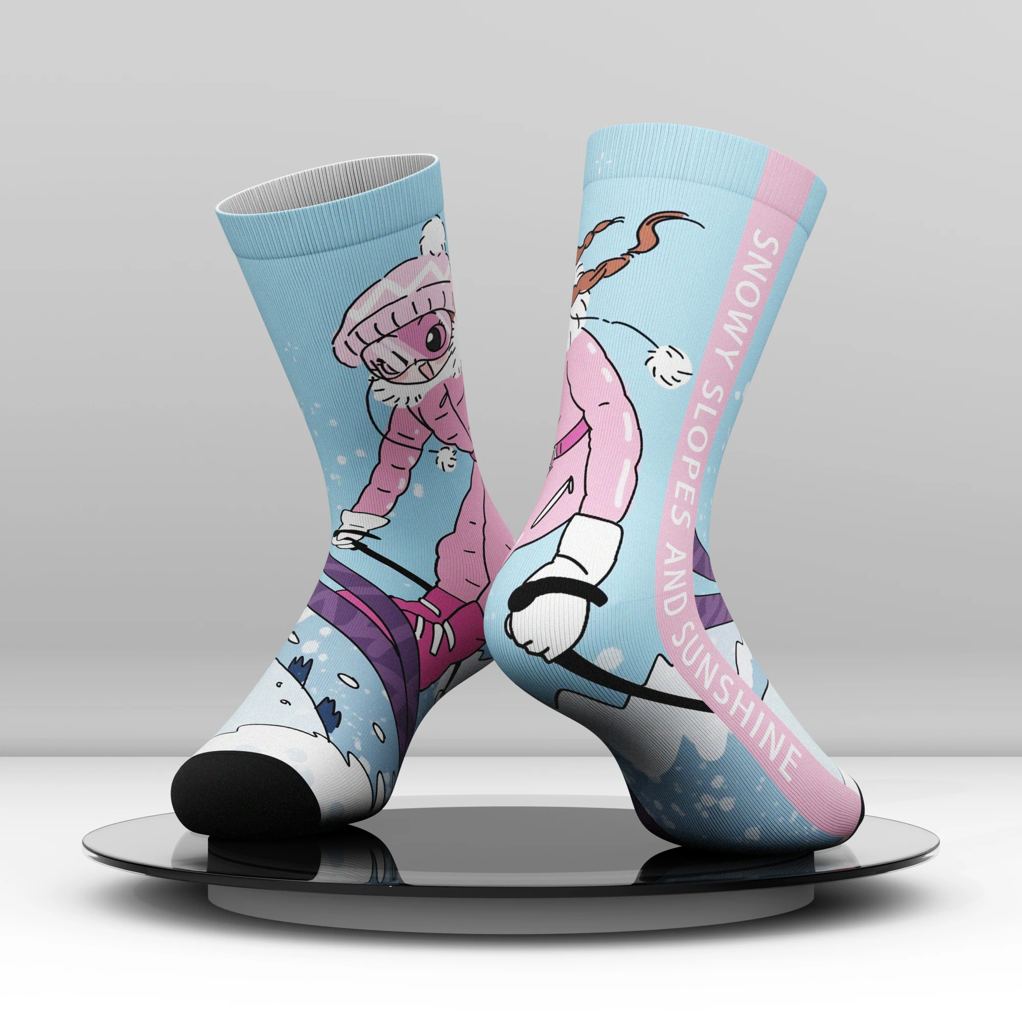 Snowy Slopes and Sunshine 3D Sublimation 360 Printed Winter Fun Cartoon Character Design Socks