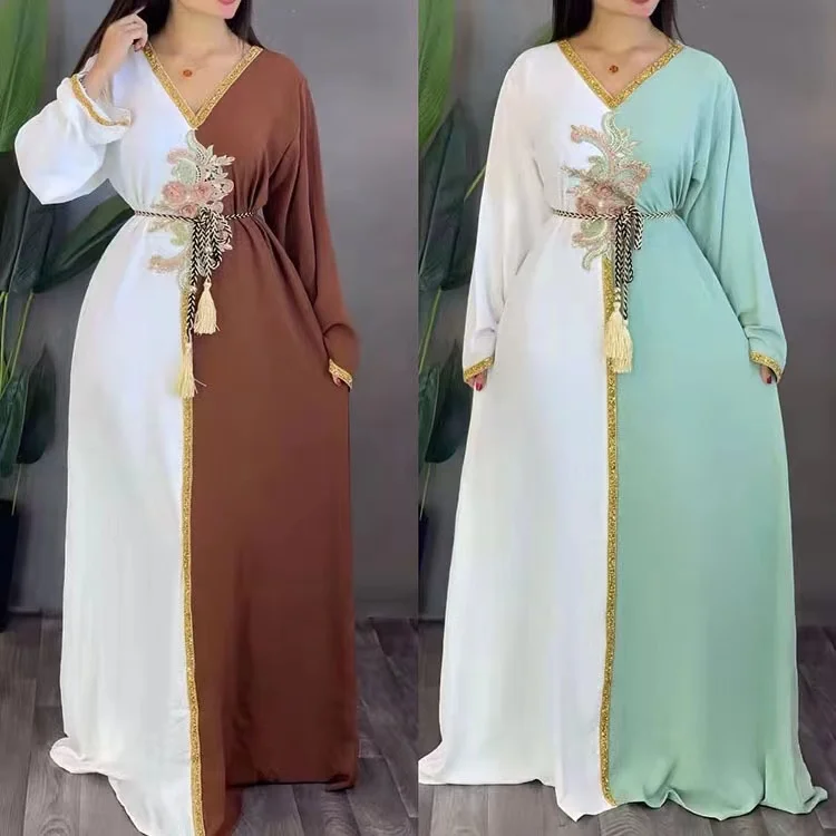 Arab Dubai Turkey Malaysia solid color stitched gown two-color Muslim Islamic women hoodies dresses Abaya