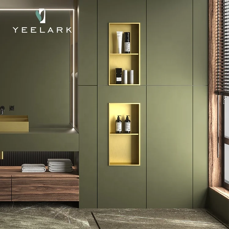 EDM/OEM New Style Hot Selling Luxury Brushed Gold Cabinet Wall Insert Double Bowls 304 Stainless Steel Bathroom Niches