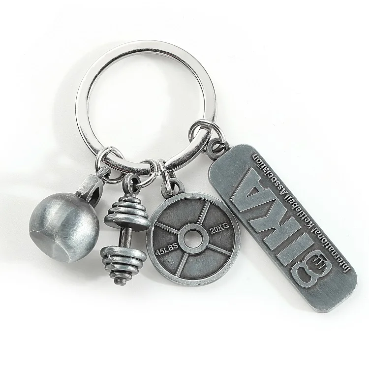 In Stock Antique Silver Charm Keyring Equipment Sport Barbell Gym Fitness Keychain Keyring For Brand Promotion