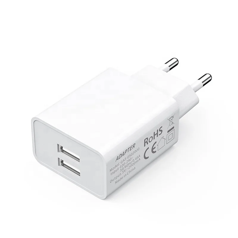 
EU plug CE Rohs certificated portable dual USB ports 5v 2a wall charger for mobile phones 