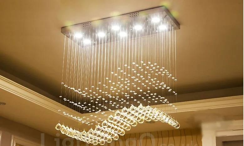 Modern LED Crystal Ceiling Pendant Light Rectangular Raindrop Wave Crystal Chandelier