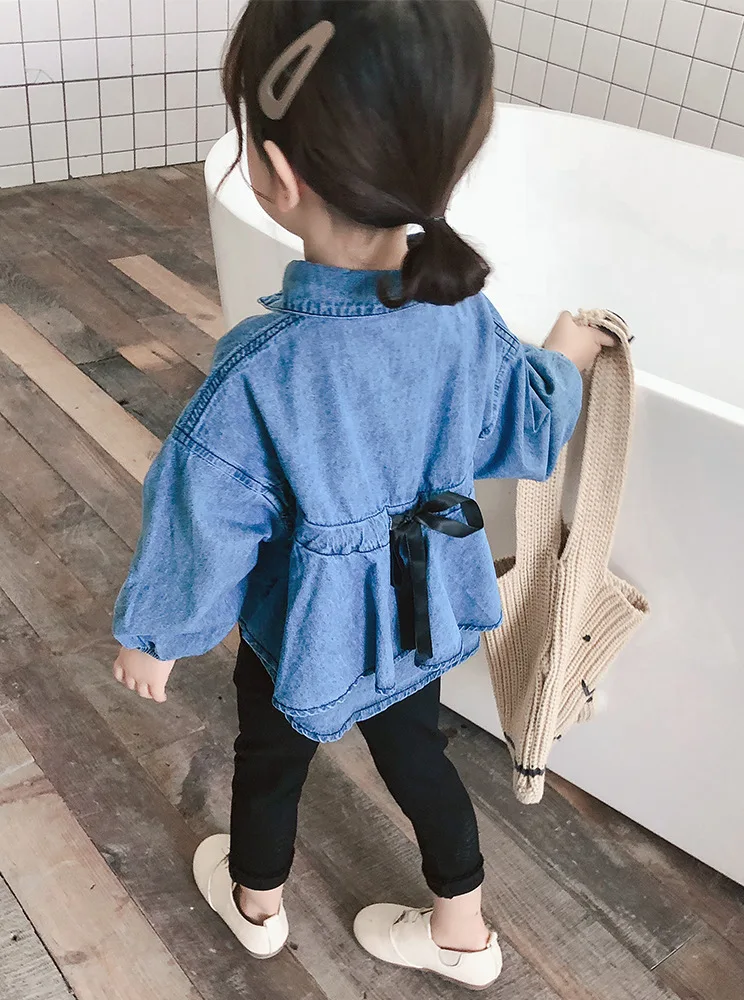 
Factory Wholesale Cute Bowknot Belt Design Button Down Casual Blouse Puff Sleeve Girls Shirt Kids Denim Shirts 
