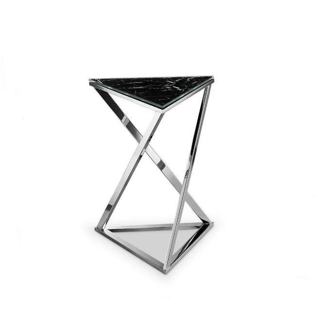 Iron Side Table with Marble Top and Chrome Plated Marble Triangular Bedside Table Black Side Table