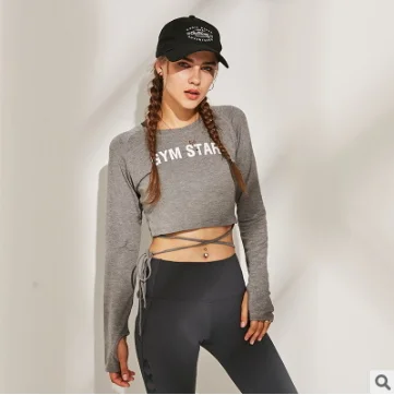 
New bandage yoga clothes long sleeves loose leisure leaking umbilical running fitness clothes were thin sports jacket women 