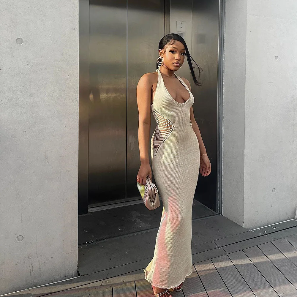2023 Summer Halter Hollow Out Sleeveless Sexy Bodycon Luxury Women Knitted Dress