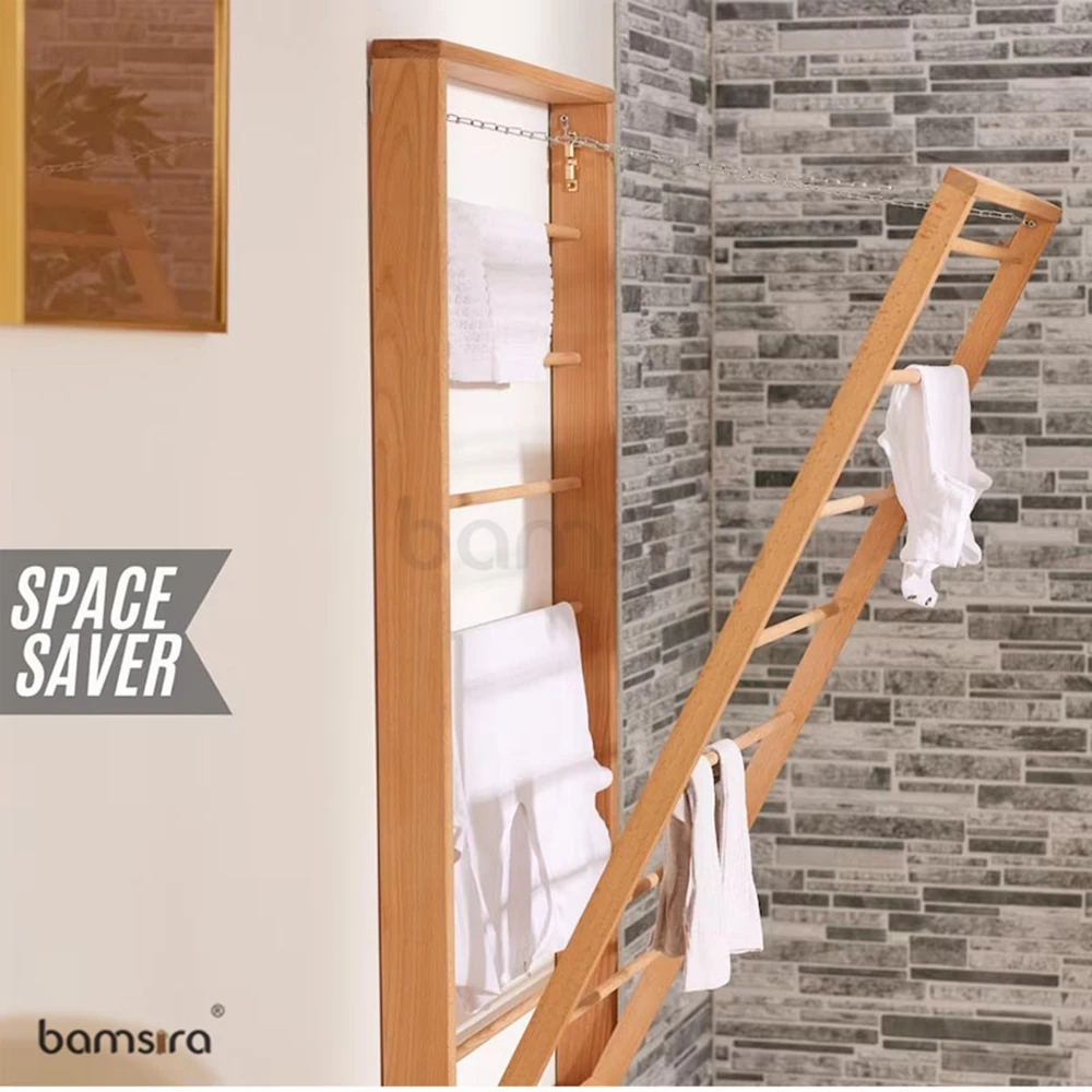 Folding Wooden Wall Mounted Portable Clothes Dryer Airer With Double Side Bars for Cloth , Wall Dryer