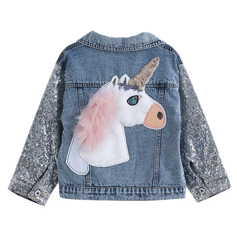 OEM wholesale little young girl cartoon unicorn sequin denim jacket sequence for 14 year kids