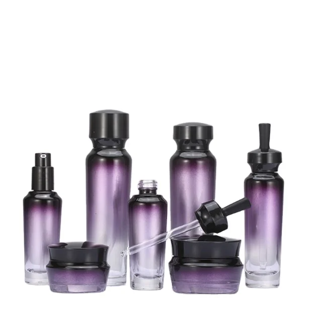 1oz 2oz 3oz 4oz Unique Gradient Purple Big Dropper Bottle Set Empty Bottle Glass Face Cream Serum Jar
