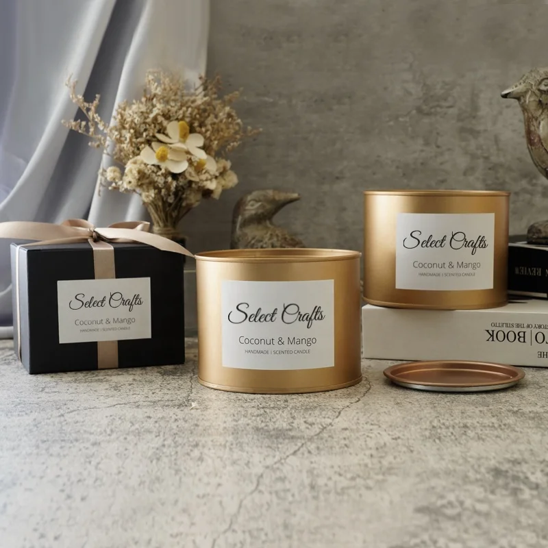Wholesale Custom Handmade Ribbon Gift Box Luxury Dry Flower Crystal Infused Aroma Scented Tin Candles