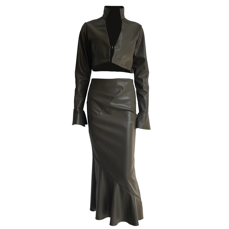 autumn winter long sleeve crop jacket 2pc skirt sets new casual mermaid skirts faux leather two 2 piece set women