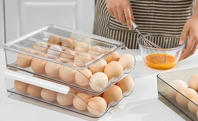 BOCHENG Hot Selling Kitchen Plastic Fridge Organizer 12-14 Grid Drawer Egg Trays 2 Tier Egg Storage Containers for kitchen