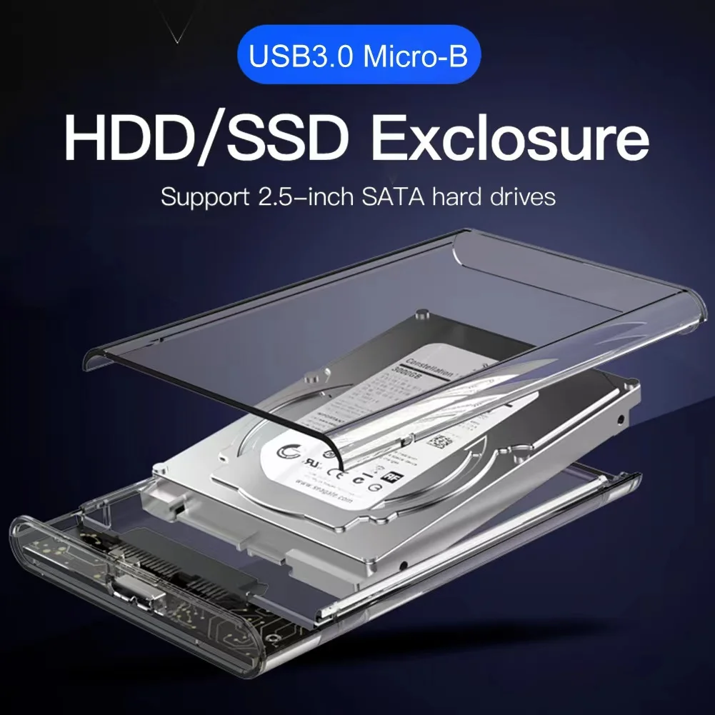 2.5 INCH USB 3.0 Push and pull sliding lid round edge transparent mobile hard drive enclosure