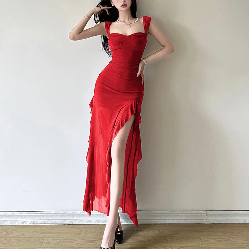 2024 summer vacation style sexy strap tube top split classic-fit chest cup long dress for women