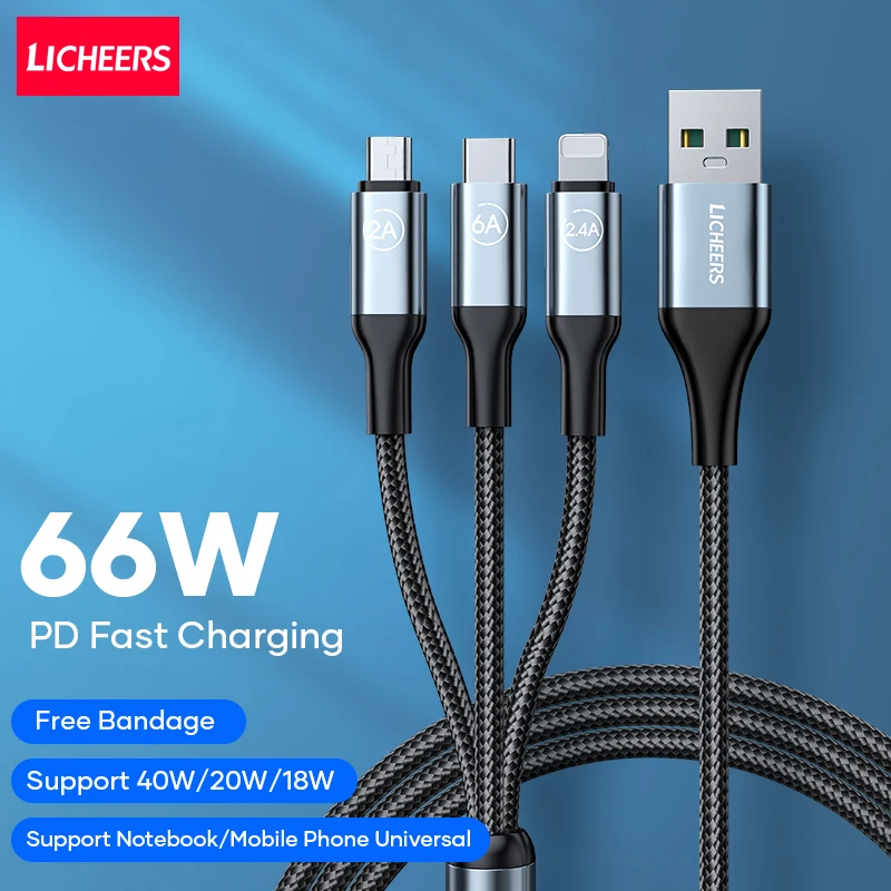 Licheers 66W 3 IN 1 USB Cables 6ft 1.8m Multi Function Fast Charging For Apple iPhone Lightning USB C Type-C Micro Cable Charger