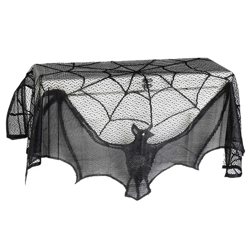 
Vlovelife Black Lace Bat Spider Web Fireplace Mantle Window Curtain Door Panel Scarf Halloween Decoration 