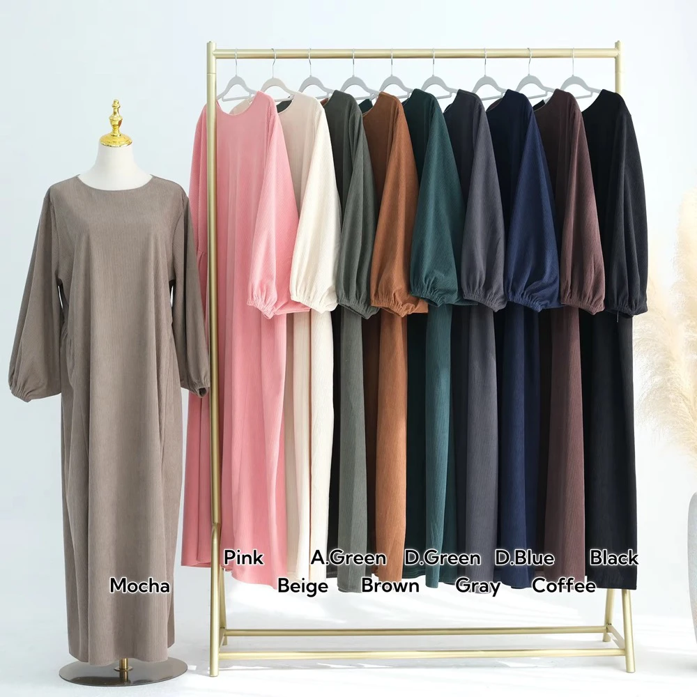 Latest Islamic Muslim Women Autumn Winter Abaya Dress Turkey Dubai Modest Corduroy Loose Casual Dresses Abaya Women Muslim Dress
