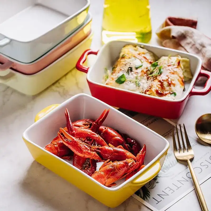 Nordic rectangular baking dish Ceramic plate Dinner plate Oven Baking dish with household cheese baked rice bowl