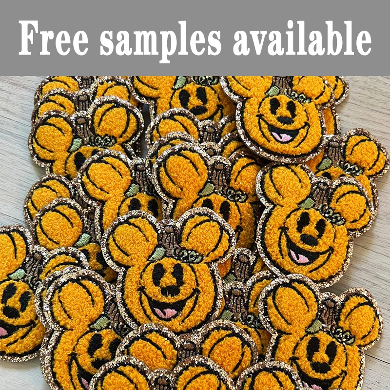 Wholesale Girl Mickey Halloween Pumpkin Chenille Patches With Purple Bow
