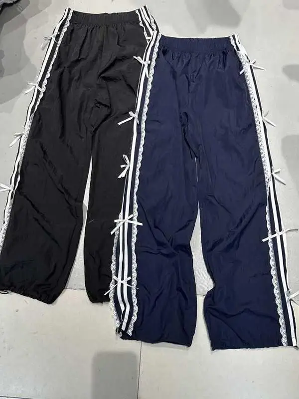 Bomblook Z1029PT01 2024 Striped Lace Bow Cargo Casual Pants Loose Sporty Trousers Slim Fashion Sweatpants for Women