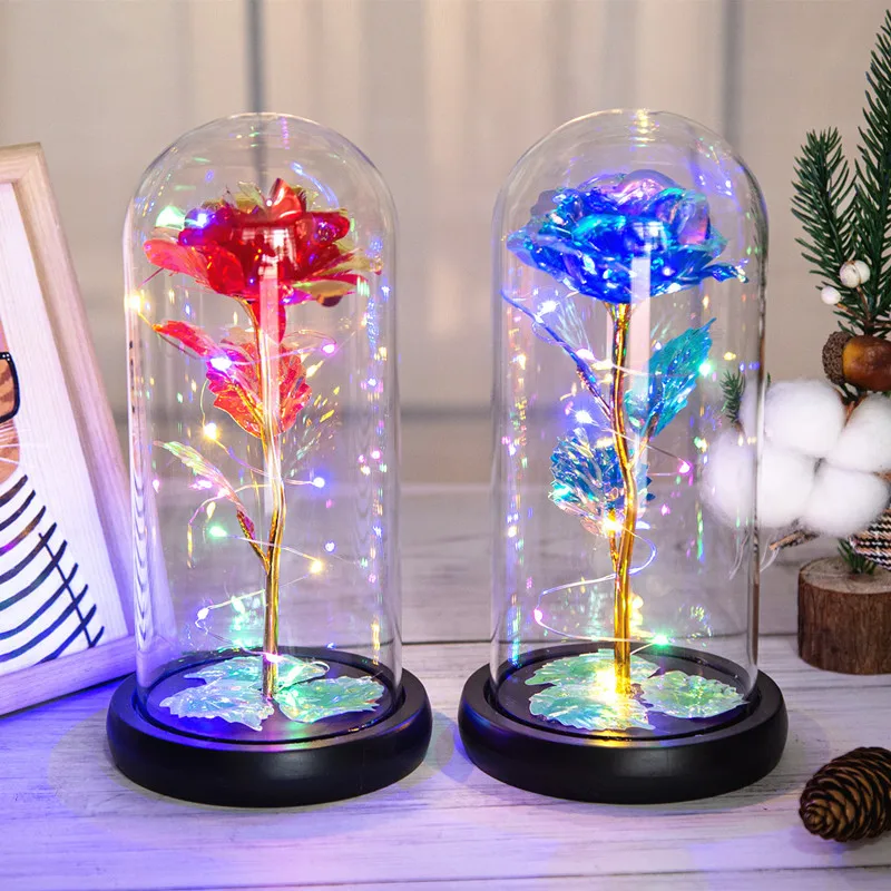 Wholesale Price 24K Gold Foil Roses Galaxy Roses With Led Lamp In Glass Dome For Mothers Day Valentine Day