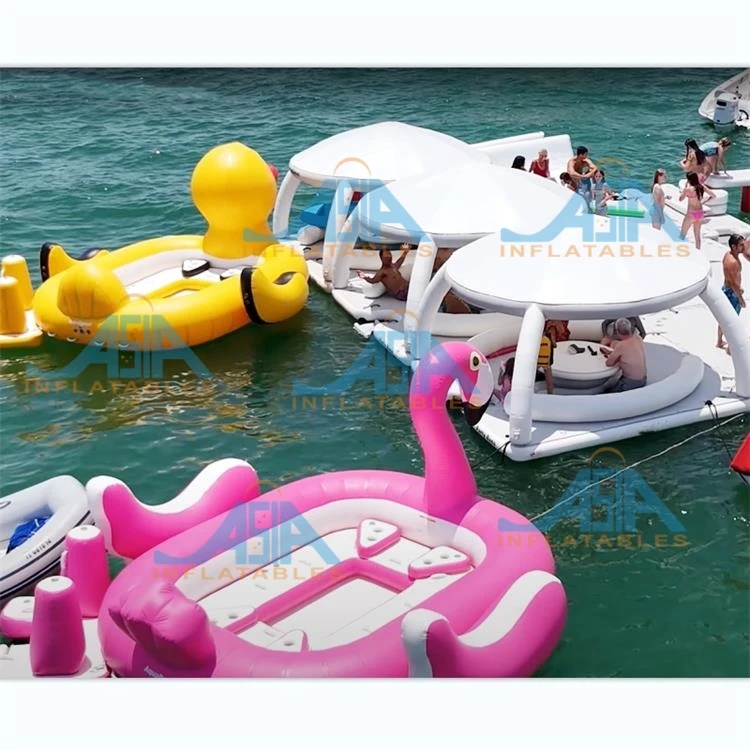 Commercial inflatable water leisure platform party bar with tent floating playing aqua water island dock